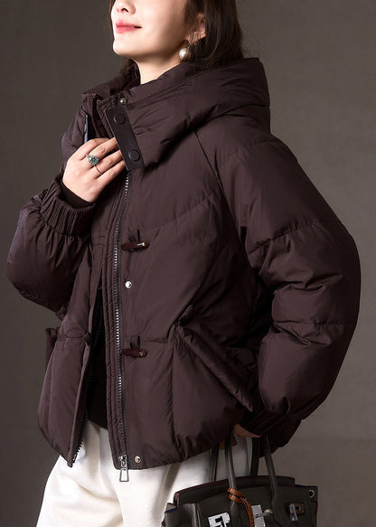 Plus Size Brown Zippered Pockets Patchwork Hooded Down Coat Winter