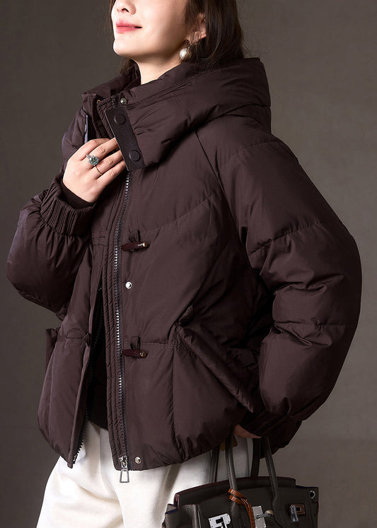 Plus Size Brown Zippered Pockets Patchwork Hooded Down Coat Winter
