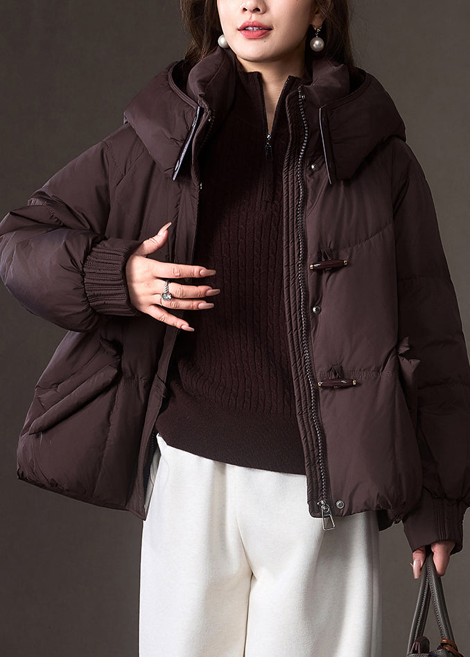 Plus Size Brown Zippered Pockets Patchwork Hooded Down Coat Winter