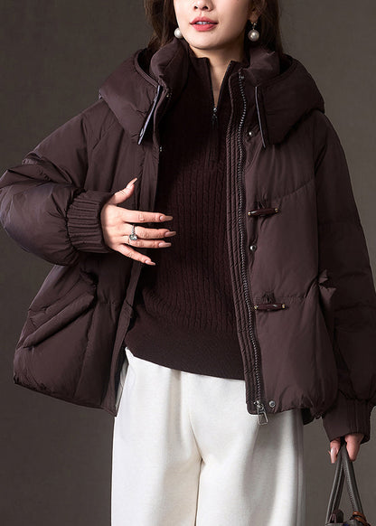 Plus Size Brown Zippered Pockets Patchwork Hooded Down Coat Winter