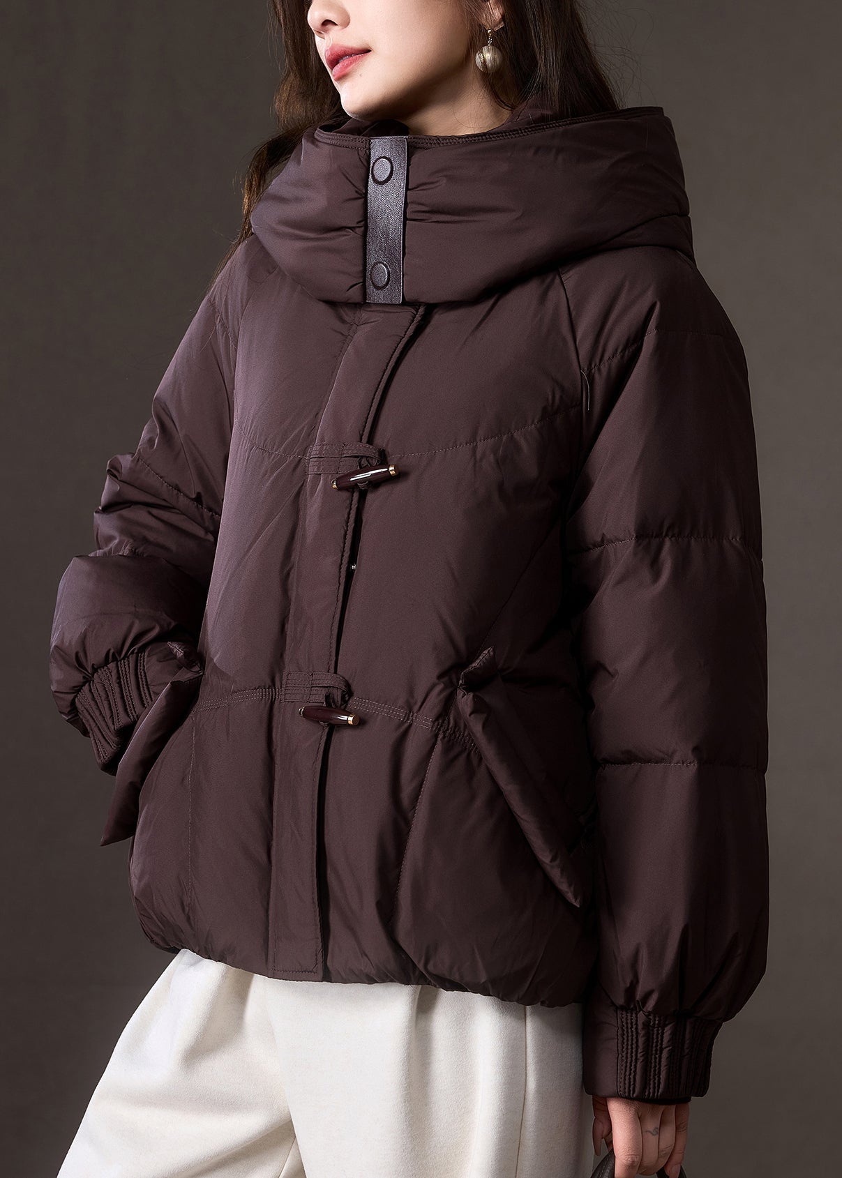 Plus Size Brown Zippered Pockets Patchwork Hooded Down Coat Winter