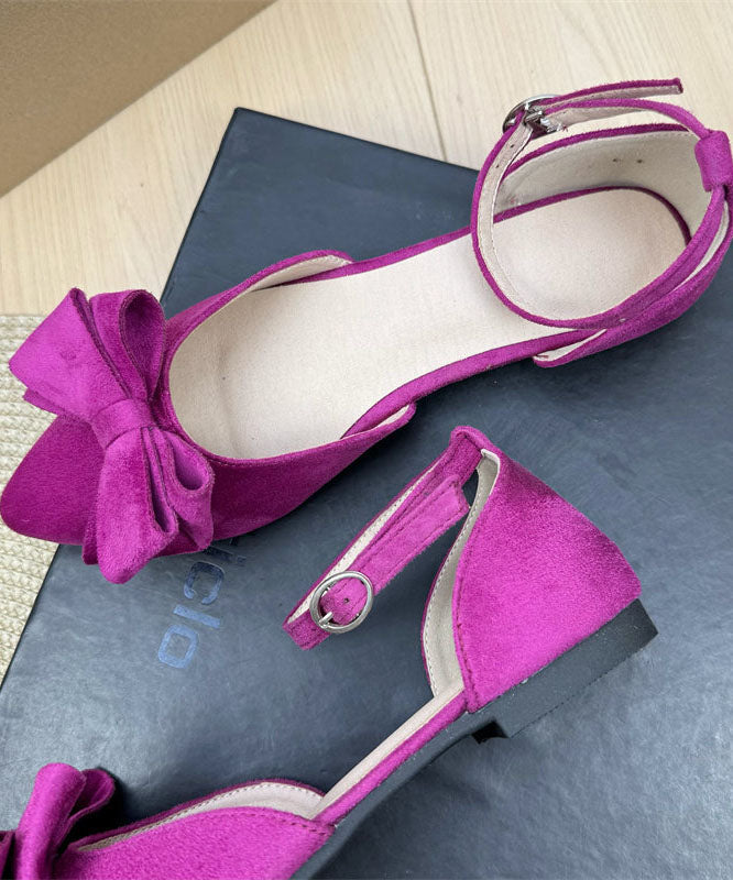 Plus Size Buckle Strap Bow Splicing Flats Rose Suede