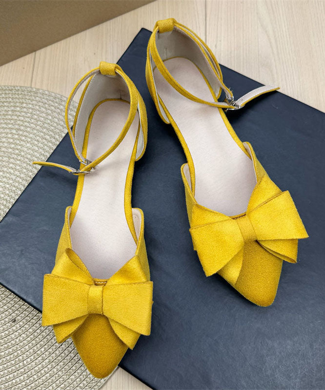 Plus Size Buckle Strap Bow Splicing Flats Yellow Suede Pointed Toe
