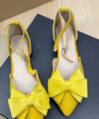 Plus Size Buckle Strap Bow Splicing Flats Yellow Suede Pointed Toe