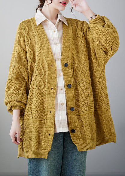 Plus Size Casual Yellow V Neck Button Knit Cardigans Coat Fall