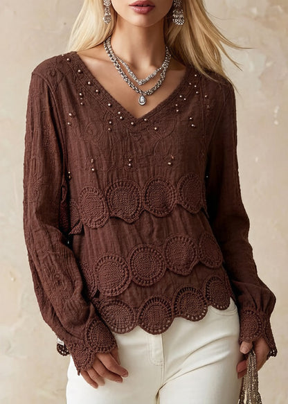 Plus Size Chocolate Casual Embroideried Hollow Out Fall Long sleeve Shirt Tops