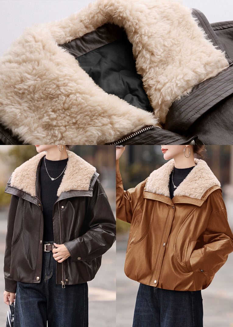 Plus Size Chocolate Fur Collar Oversized Duck Down Faux Leather Coats Winter