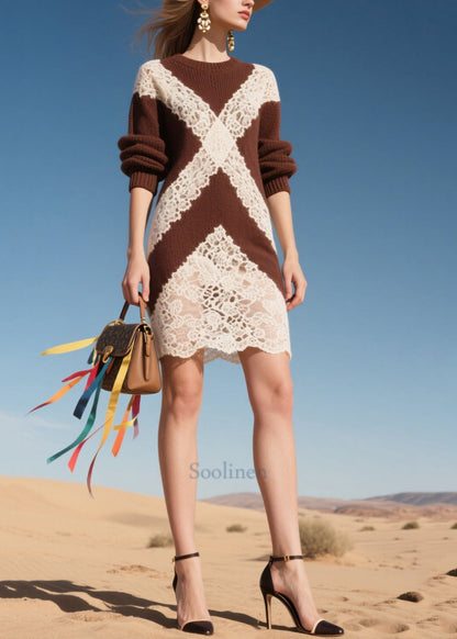 Plus Size Chocolate Hollow Out Patchwork Lace Knit Mid Dress Fall