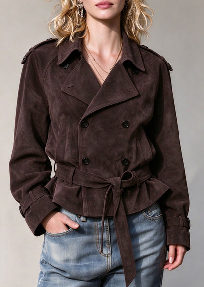 Plus Size Chocolate Peter Pan Collar Tie Waist Faux Suede Coats Fall
