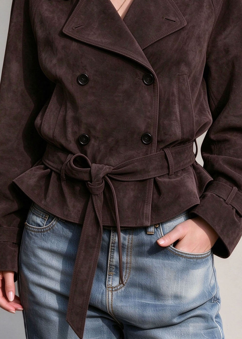 Plus Size Chocolate Peter Pan Collar Tie Waist Faux Suede Coats Fall