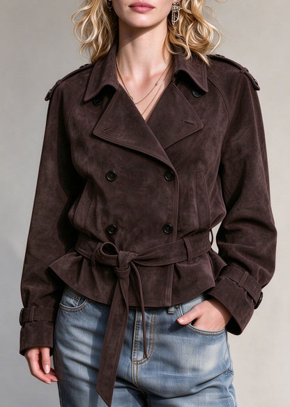 Plus Size Chocolate Peter Pan Collar Tie Waist Faux Suede Coats Fall