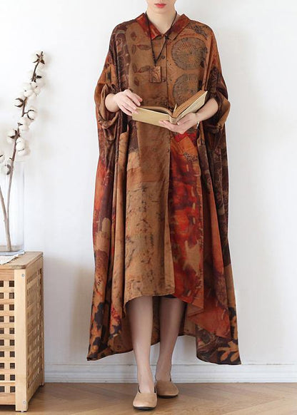 Plus Size Chocolate Print Button Spring Chiffon Dress - SooLinen