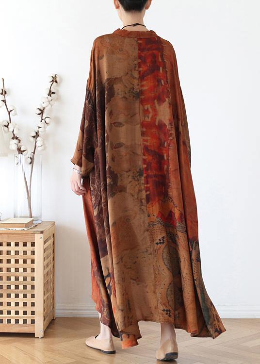 Plus Size Chocolate Print Button Spring Chiffon Dress - SooLinen