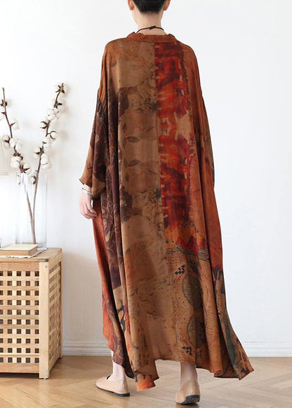 Plus Size Chocolate Print Button Spring Chiffon Dress - SooLinen