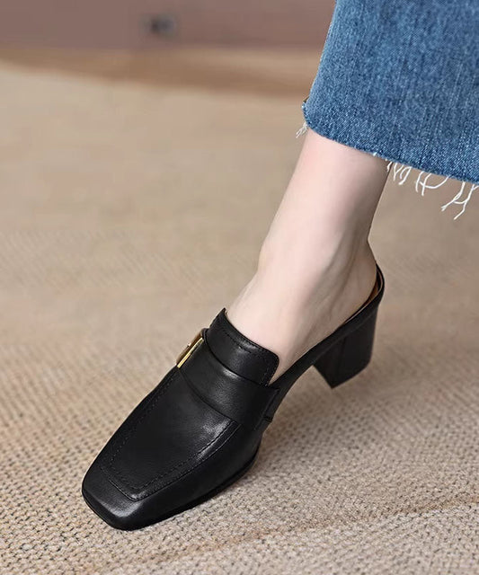 Plus Size Chunky Black Cowhide Leather Slide Sandals