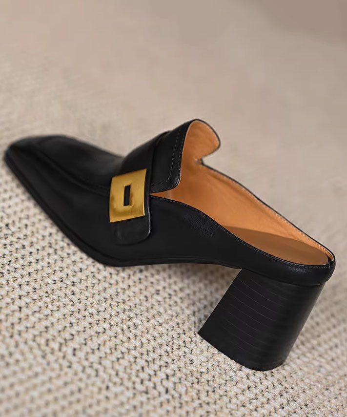 Plus Size Chunky Black Cowhide Leather Slide Sandals
