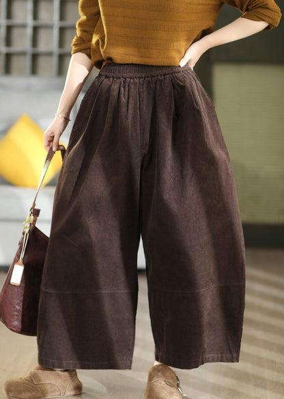 Plus Size Coffee Elastic Waist Corduroy Crop Pants Fall