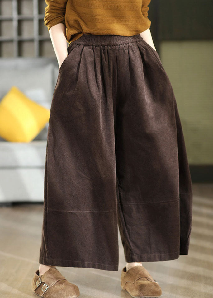 Plus Size Coffee Elastic Waist Corduroy Crop Pants Fall