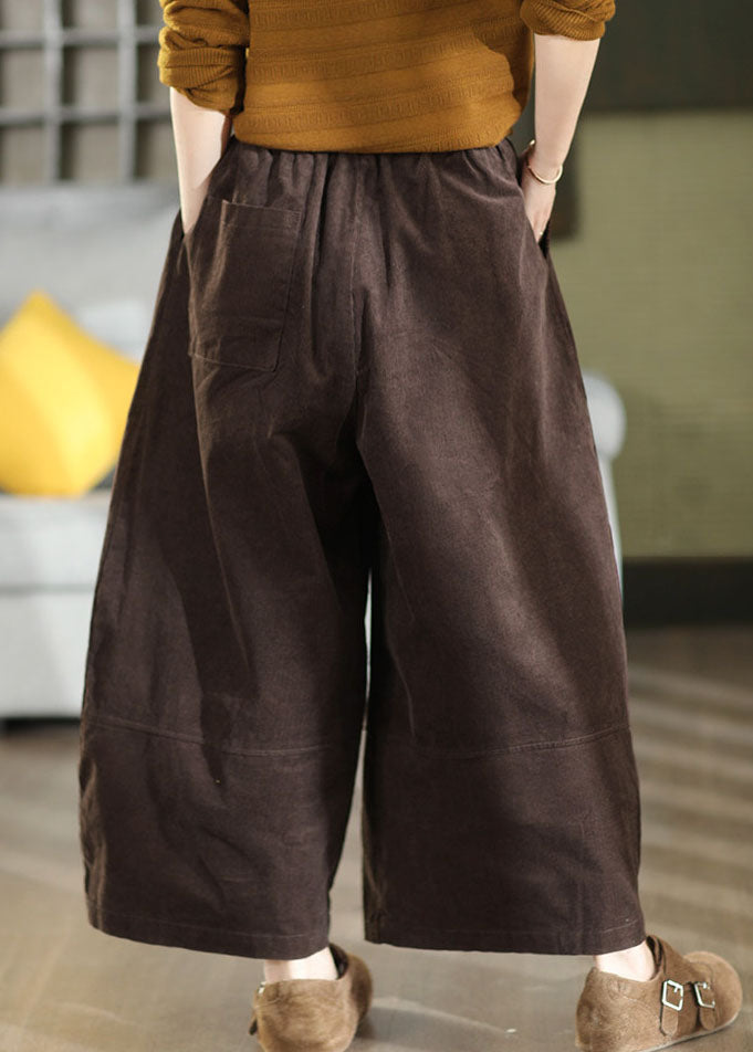 Plus Size Coffee Elastic Waist Corduroy Crop Pants Fall
