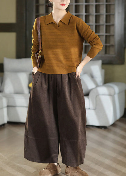 Plus Size Coffee Elastic Waist Corduroy Crop Pants Fall