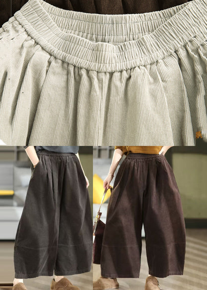Plus Size Coffee Elastic Waist Corduroy Crop Pants Fall