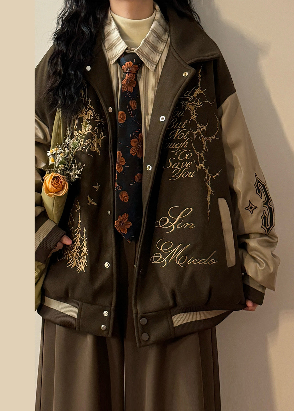 Plus Size Coffee Embroidered Faux Leather Patchwork Cotton Filled Parkas Winter