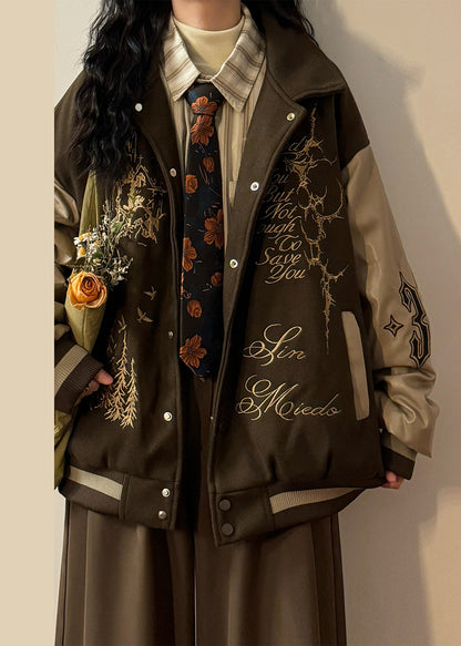Plus Size Coffee Embroidered Faux Leather Patchwork Cotton Filled Parkas Winter