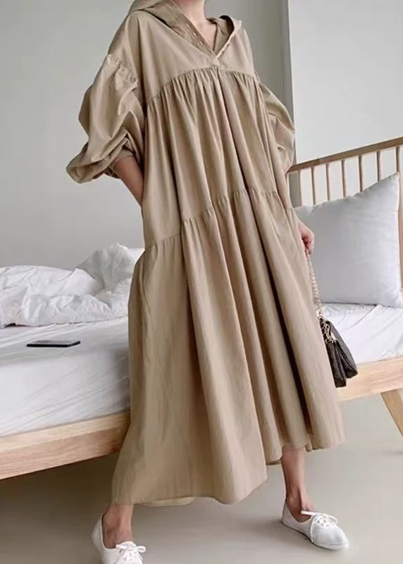 Plus Size Coffee Hooded Exra Large Hem Cotton Holiday Dress Fall