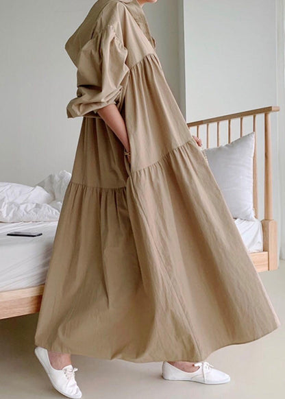 Plus Size Coffee Hooded Exra Large Hem Cotton Holiday Dress Fall