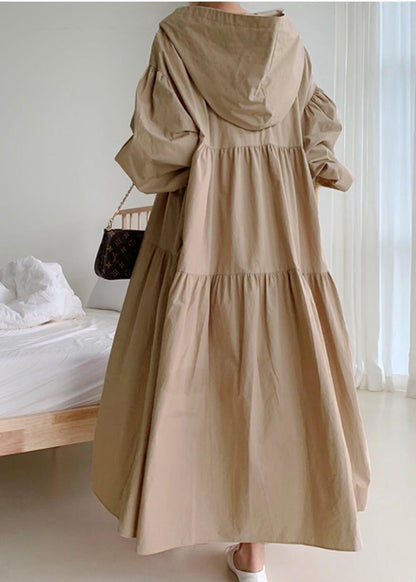 Plus Size Coffee Hooded Exra Large Hem Cotton Holiday Dress Fall