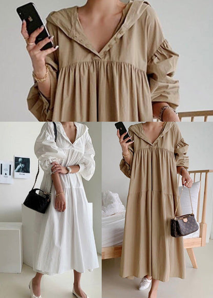 Plus Size Coffee Hooded Exra Large Hem Cotton Holiday Dress Fall