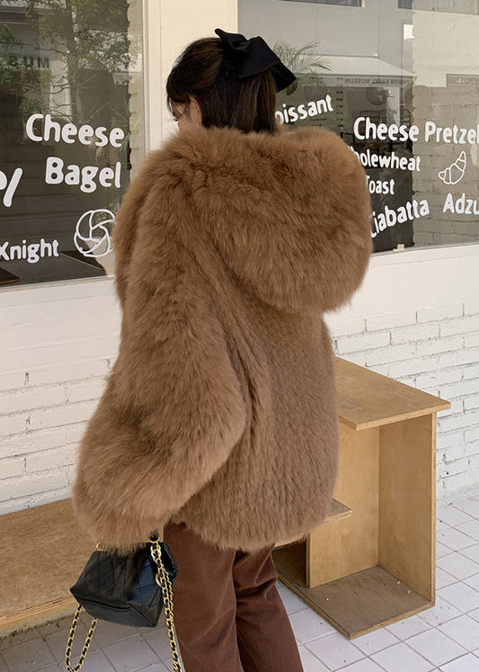 Plus Size Coffee Hooded Warm Fox Fur Trench Winter