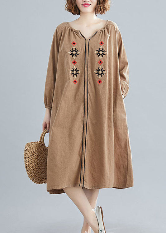 Plus Size Chocolate Loose Dress V Neck Spring