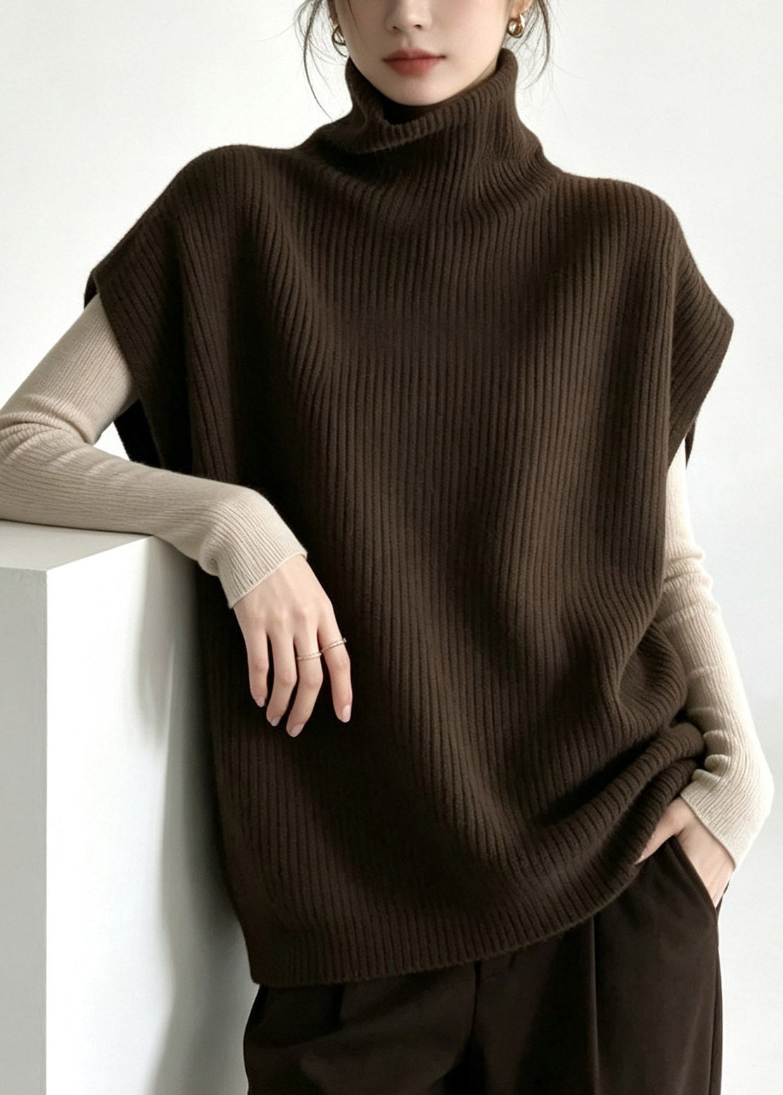 Plus Size Coffee Patchwork Cotton Knit Waistcoat Short Sleeve