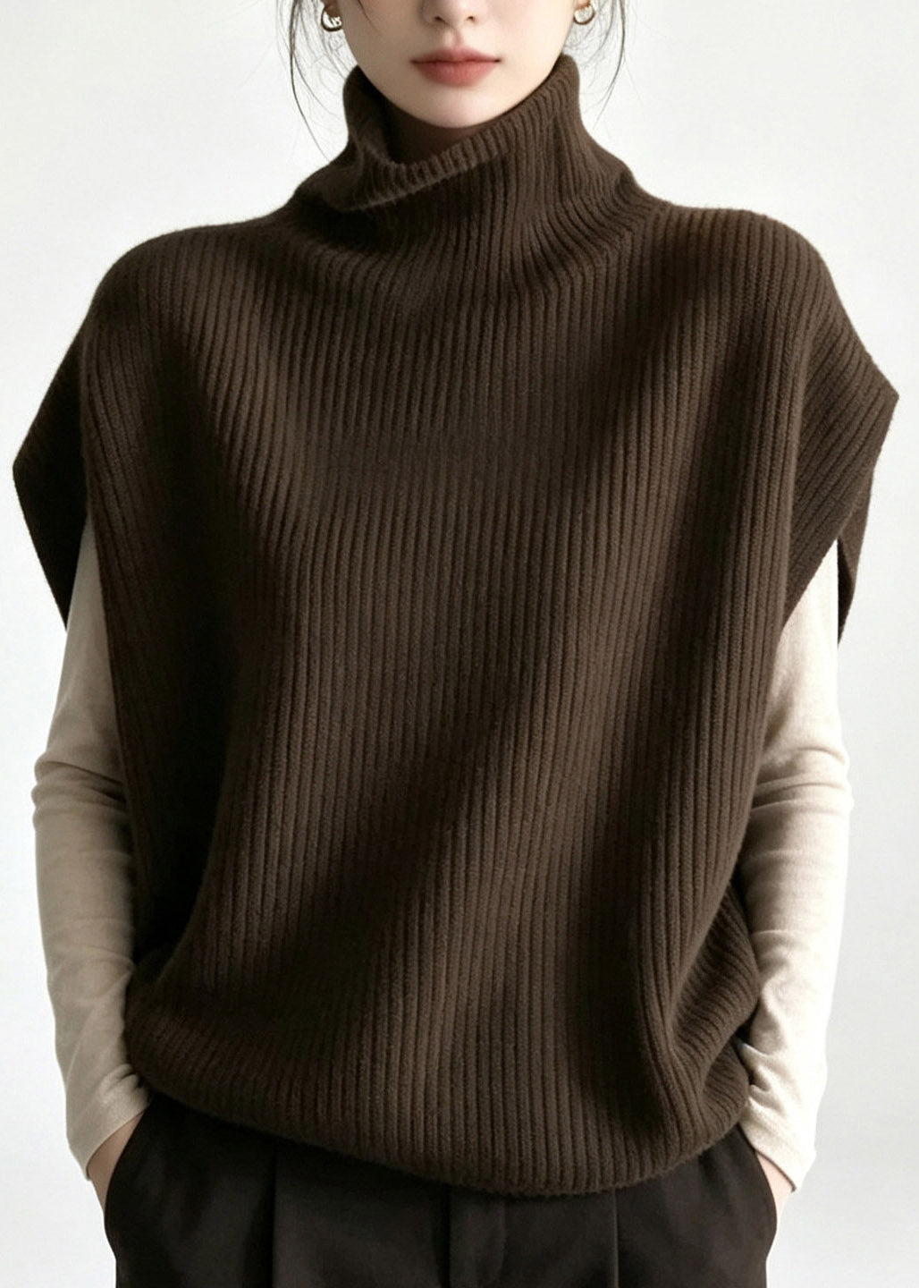Plus Size Coffee Patchwork Cotton Knit Waistcoat Short Sleeve