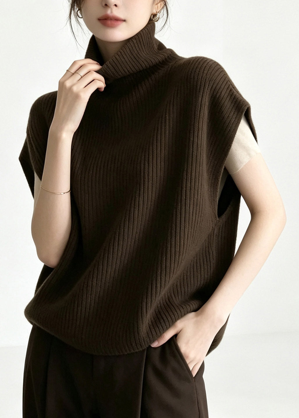 Plus Size Coffee Patchwork Cotton Knit Waistcoat Short Sleeve