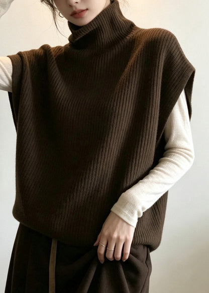 Plus Size Coffee Patchwork Cotton Knit Waistcoat Short Sleeve