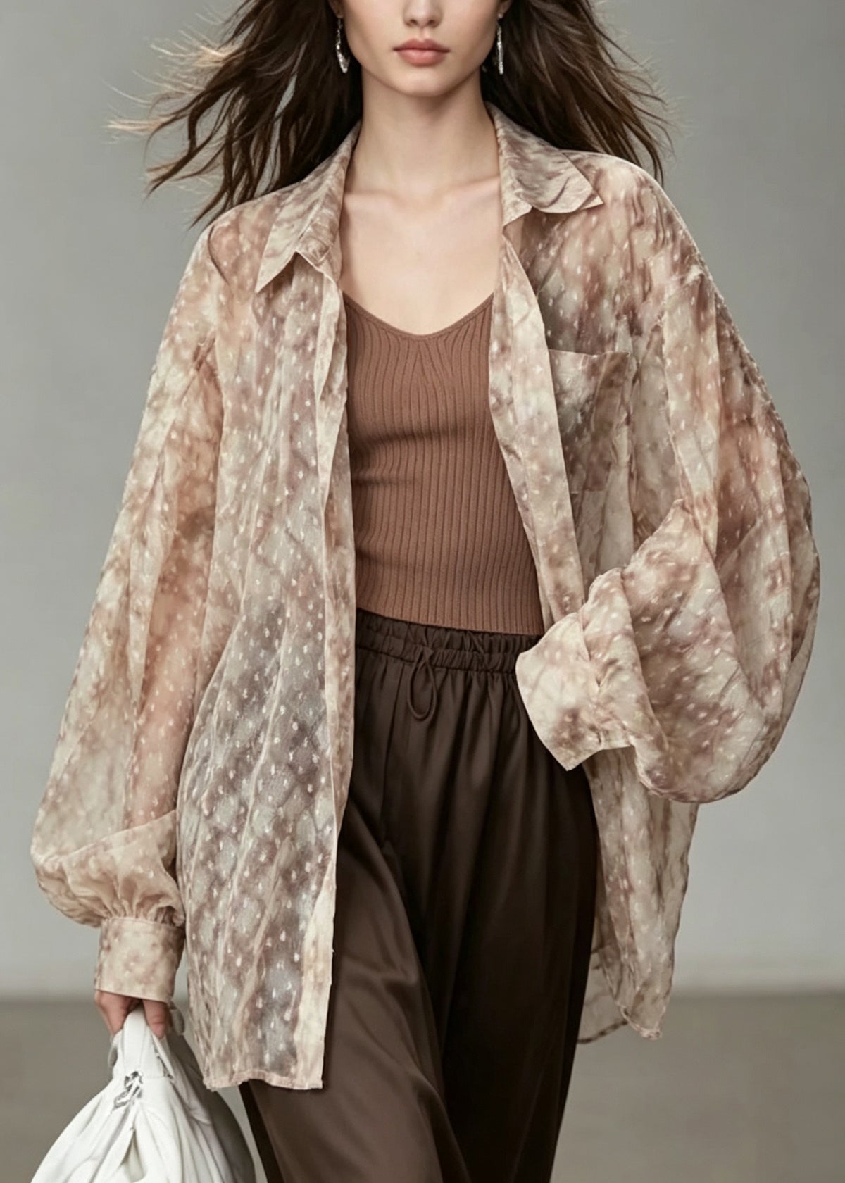 Plus Size Coffee Peter Pan Collar Print Cotton Shirt Tops Fall