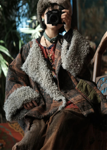 Plus Size Coffee Peter Pan Collar Print Faux Fur Patchwork Fine Cotton Filled Coat Winter