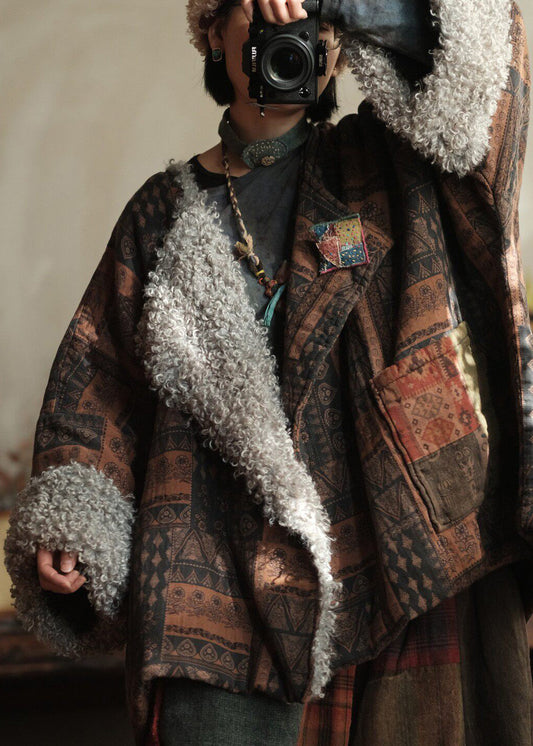 Plus Size Coffee Peter Pan Collar Print Faux Fur Patchwork Fine Cotton Filled Coat Winter