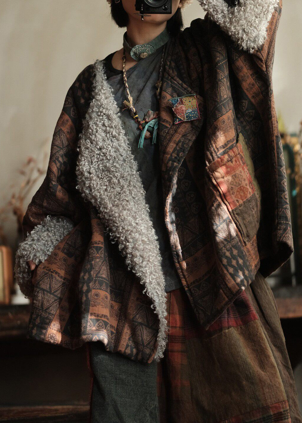 Plus Size Coffee Peter Pan Collar Print Faux Fur Patchwork Fine Cotton Filled Coat Winter
