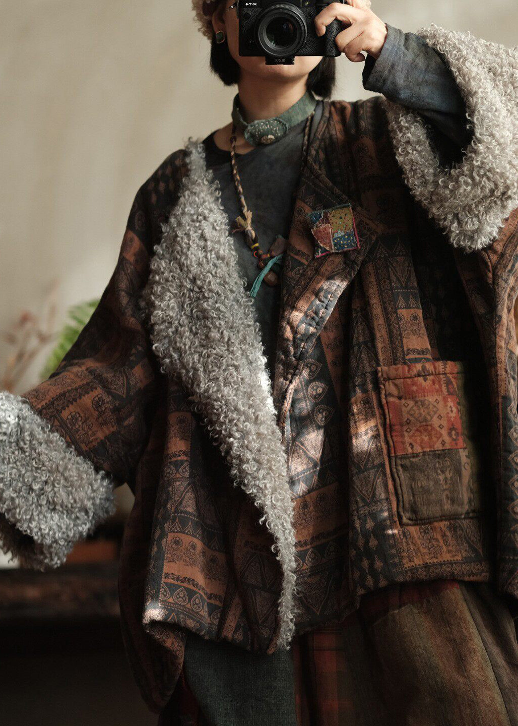 Plus Size Coffee Peter Pan Collar Print Faux Fur Patchwork Fine Cotton Filled Coat Winter