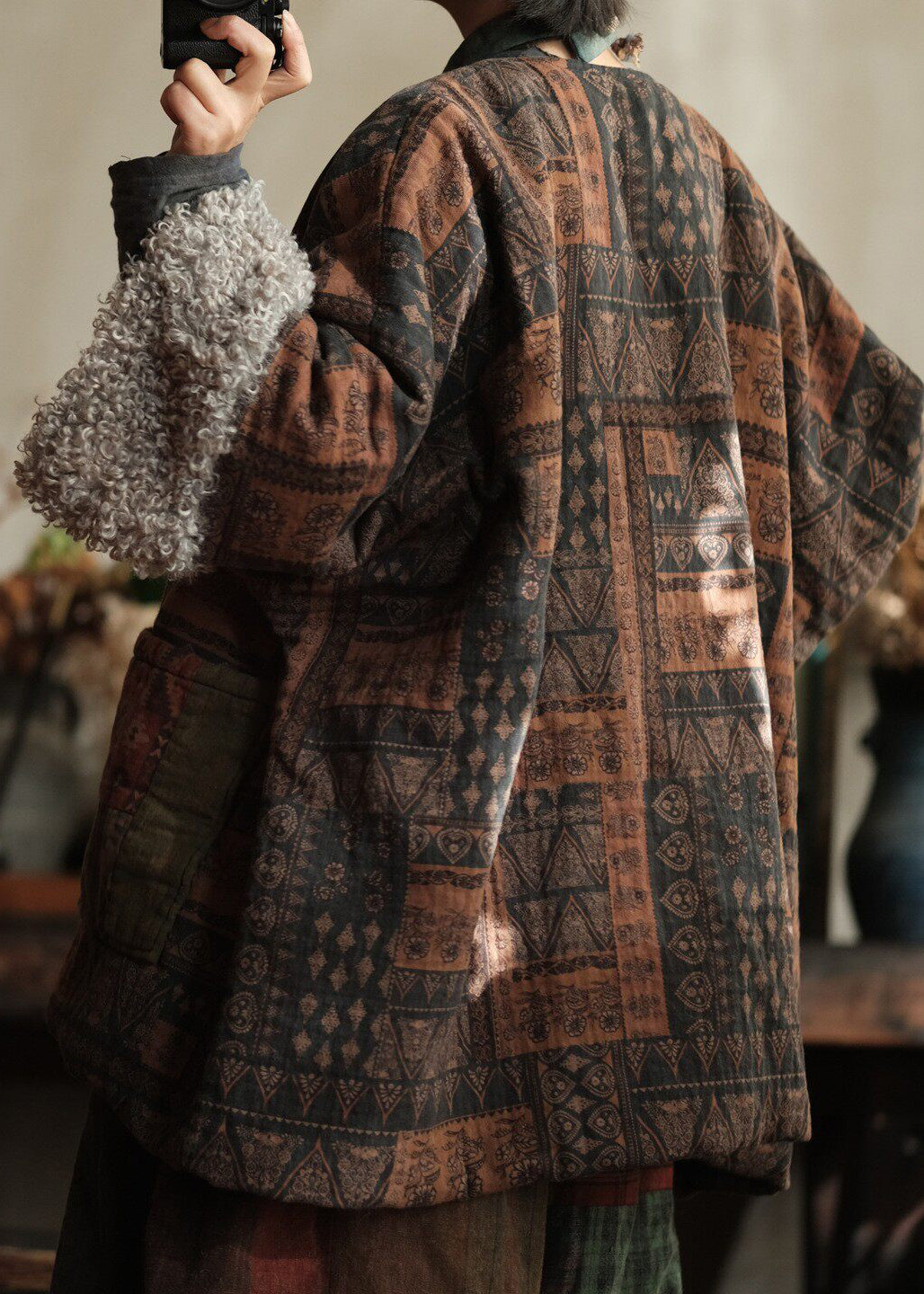 Plus Size Coffee Peter Pan Collar Print Faux Fur Patchwork Fine Cotton Filled Coat Winter