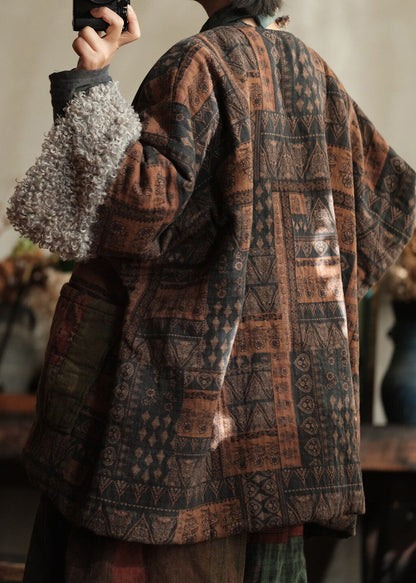 Plus Size Coffee Peter Pan Collar Print Faux Fur Patchwork Fine Cotton Filled Coat Winter
