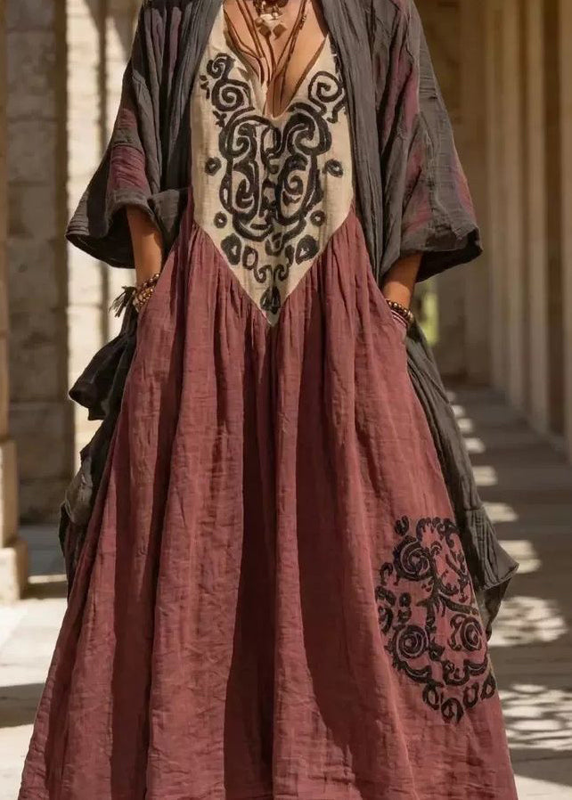Plus Size Coffee Print Cardigans And Long Dress Two Pieces Set Summer
