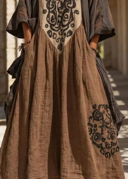 Plus Size Coffee Print Cardigans And Long Dress Two Pieces Set Summer
