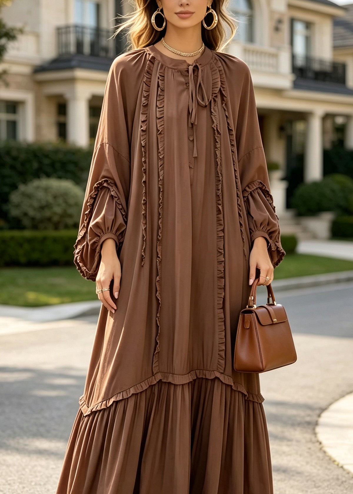 Plus Size Coffee Ruffled Patchwork Cotton Maxi Dresses Fall