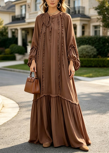 Plus Size Coffee Ruffled Patchwork Cotton Maxi Dresses Fall
