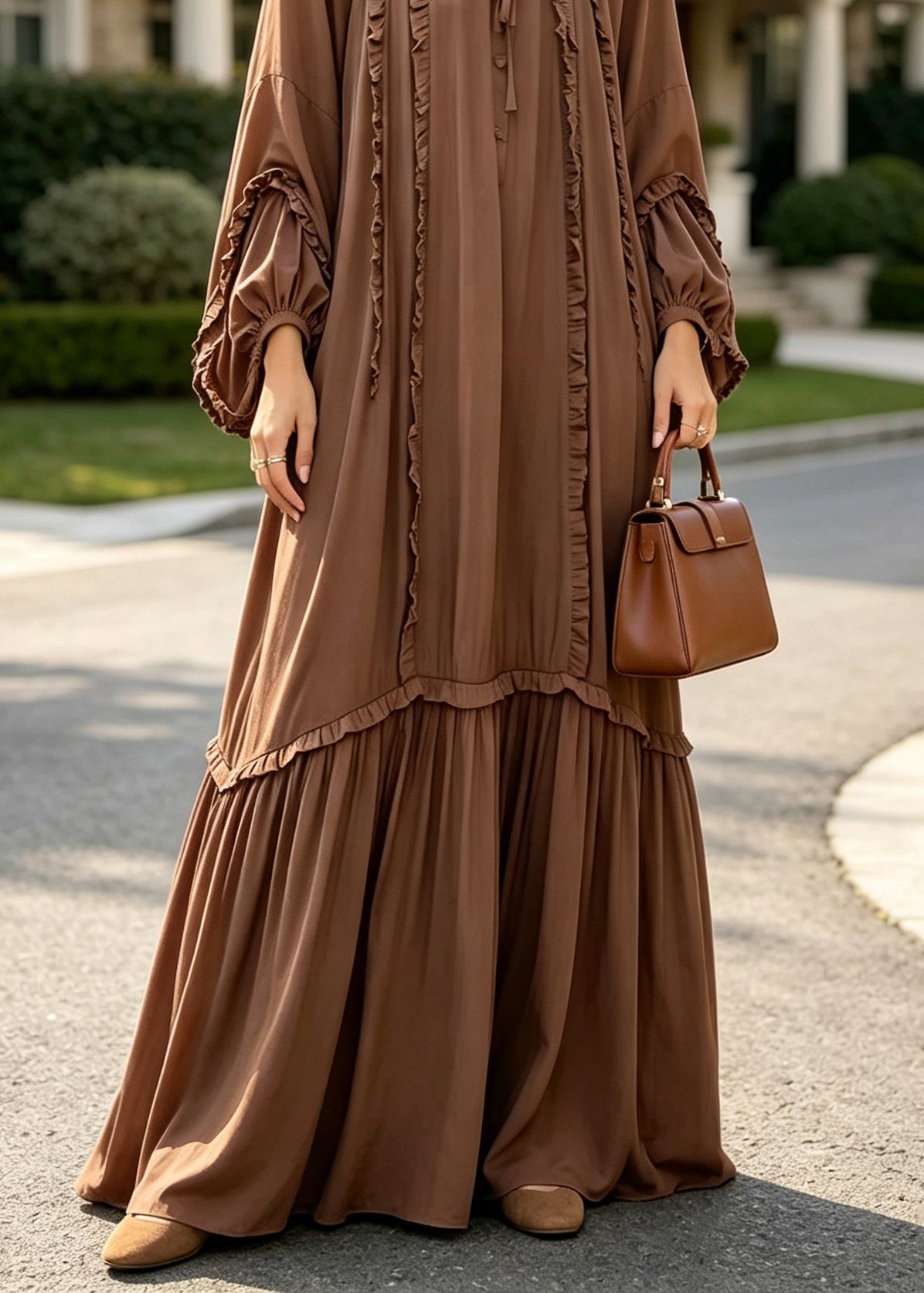 Plus Size Coffee Ruffled Patchwork Cotton Maxi Dresses Fall