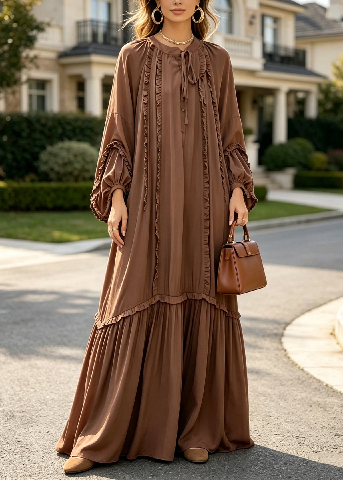Plus Size Coffee Ruffled Patchwork Cotton Maxi Dresses Fall